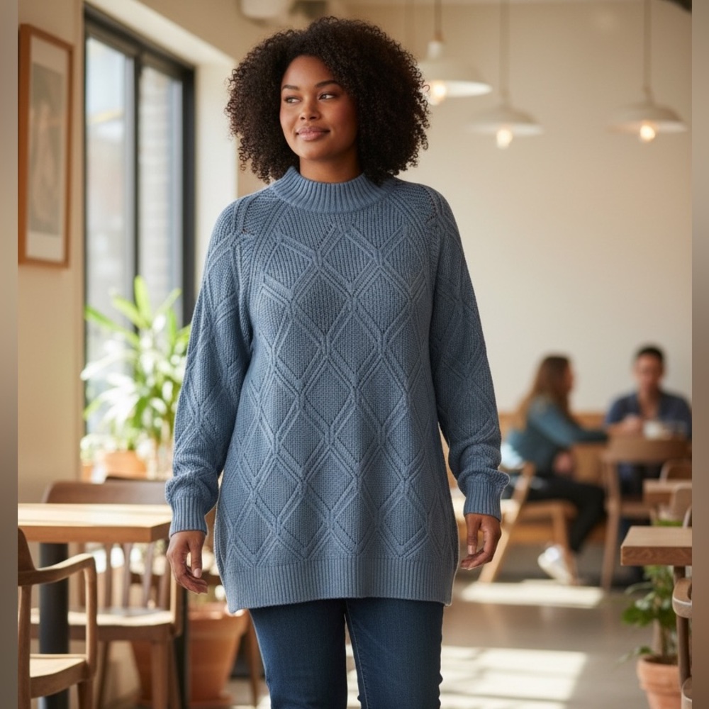 Architect Sweater Blue‎ Cowl Neck Tunic Length in Size  1X & 2X  NWT